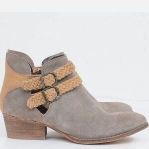 NWT.Rebels Suede Braided Calista Double Buckle  Gray and Tan Women's Ankle Boots
